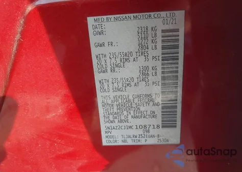 2021 Nissan Murano Sl Fwd z USA, uszkodzony, nr VIN 5N1AZ2CJ1MC108718